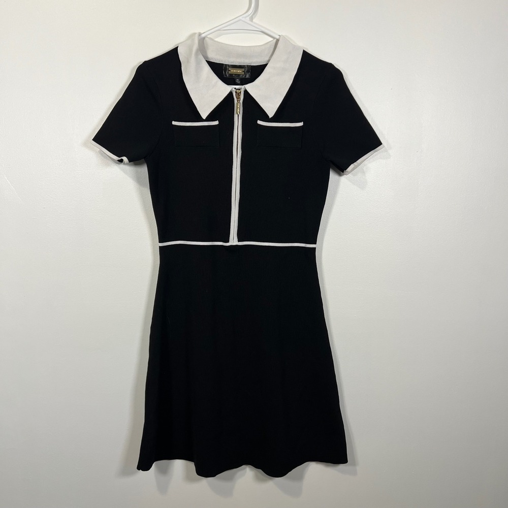 Alexia Admor Womens Zip Front Contrast Collar Knit Mini Dress Black White M